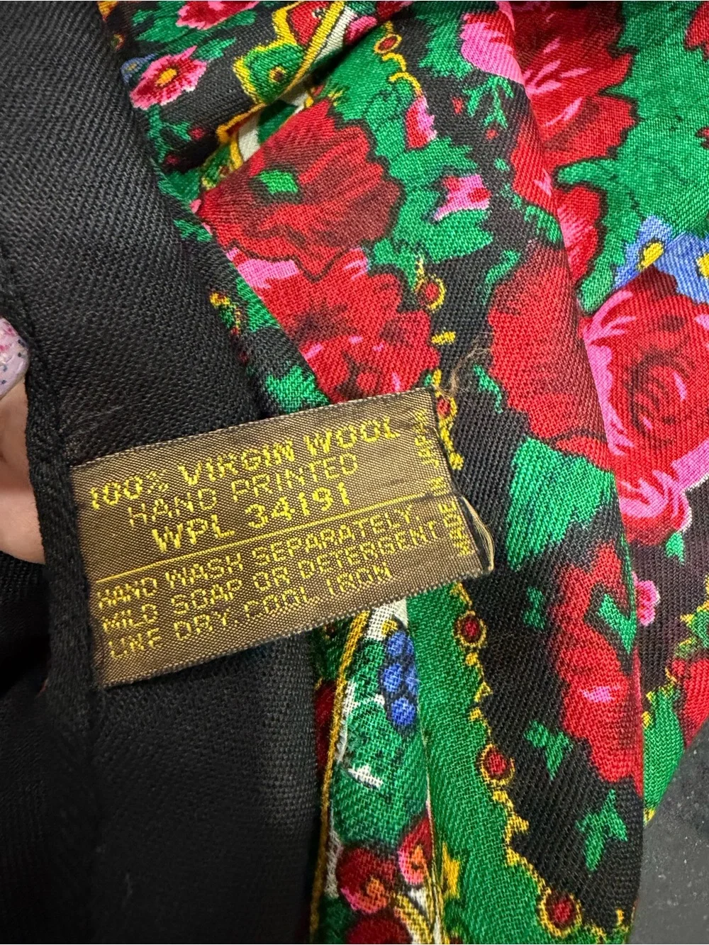 Japanese wool vintage Vibrant Floral Black Scarf with Red & Green Accents